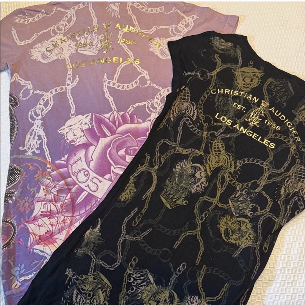 Y2K Christian Audigier Chain Graphic Tees - Purple and Black